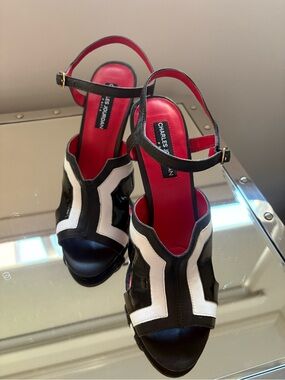 Charles Jourdan Black and White Open-Toe Heels